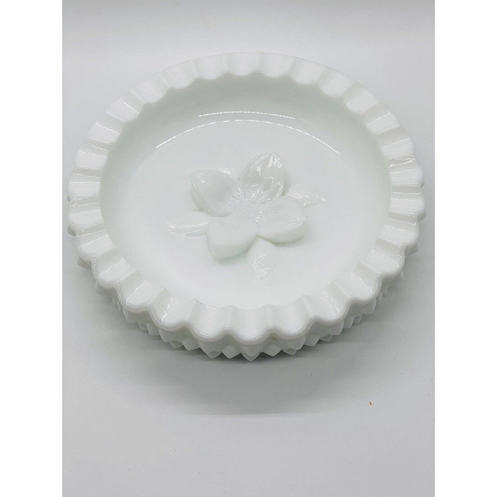 Fenton Vintage White Hobnail Milk Glass Ashtray w/Dogwood Flower in Center
